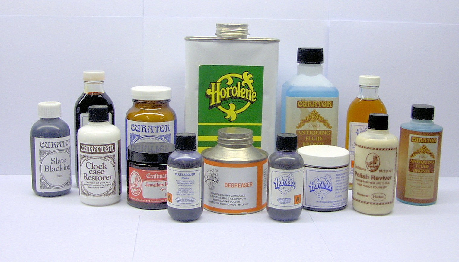 Antiquing Fluid, Horolene 5 ltrs, Horolene 2.5ltrs, Horolene 1 ltr, Horolene 500ml, Horolene 250ml, Bluing Salts Blue Lacquer, Brass Lacquer, Silver Lacquer, Jewellers Rouge,Clock Case Restorer, Polish Reviver, Slate Blacking.